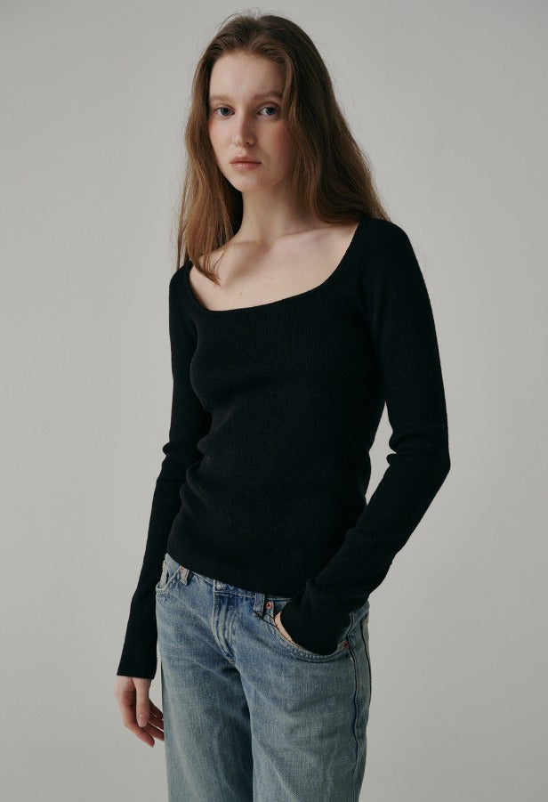 Wave Wool Whole Garment Square Neck Knit