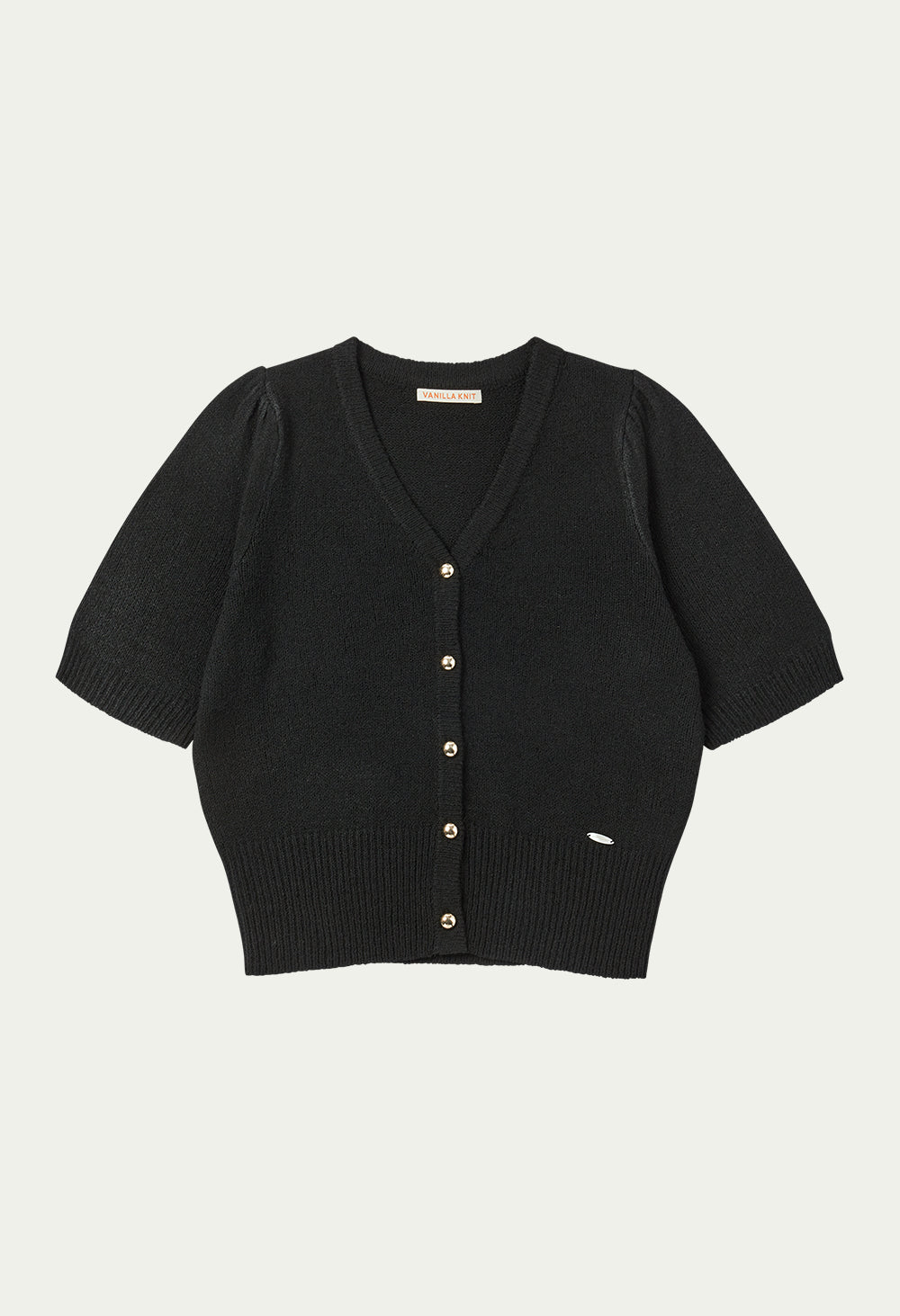 Gold button puff sleeve knit cardigan