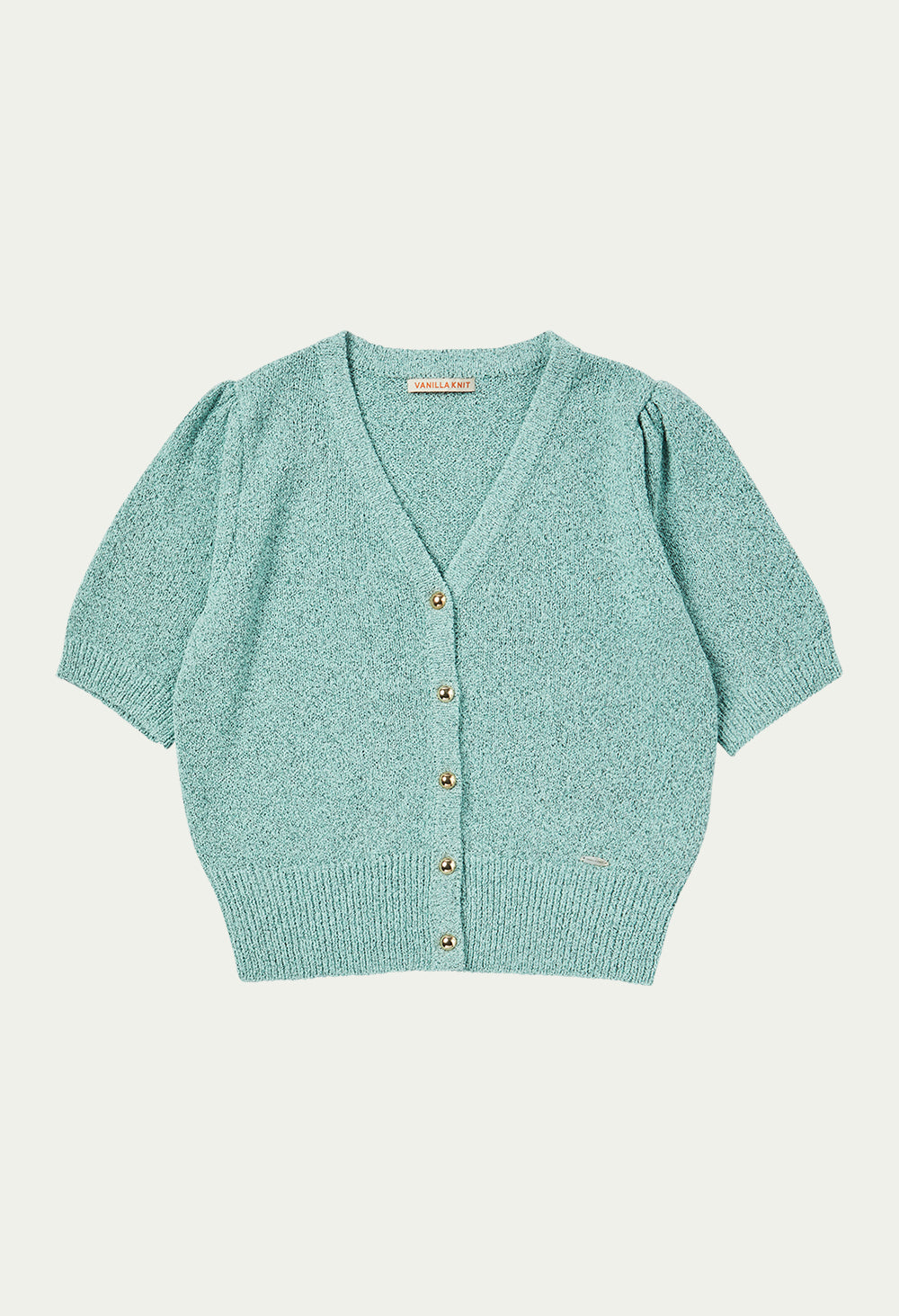 Gold button puff sleeve knit cardigan