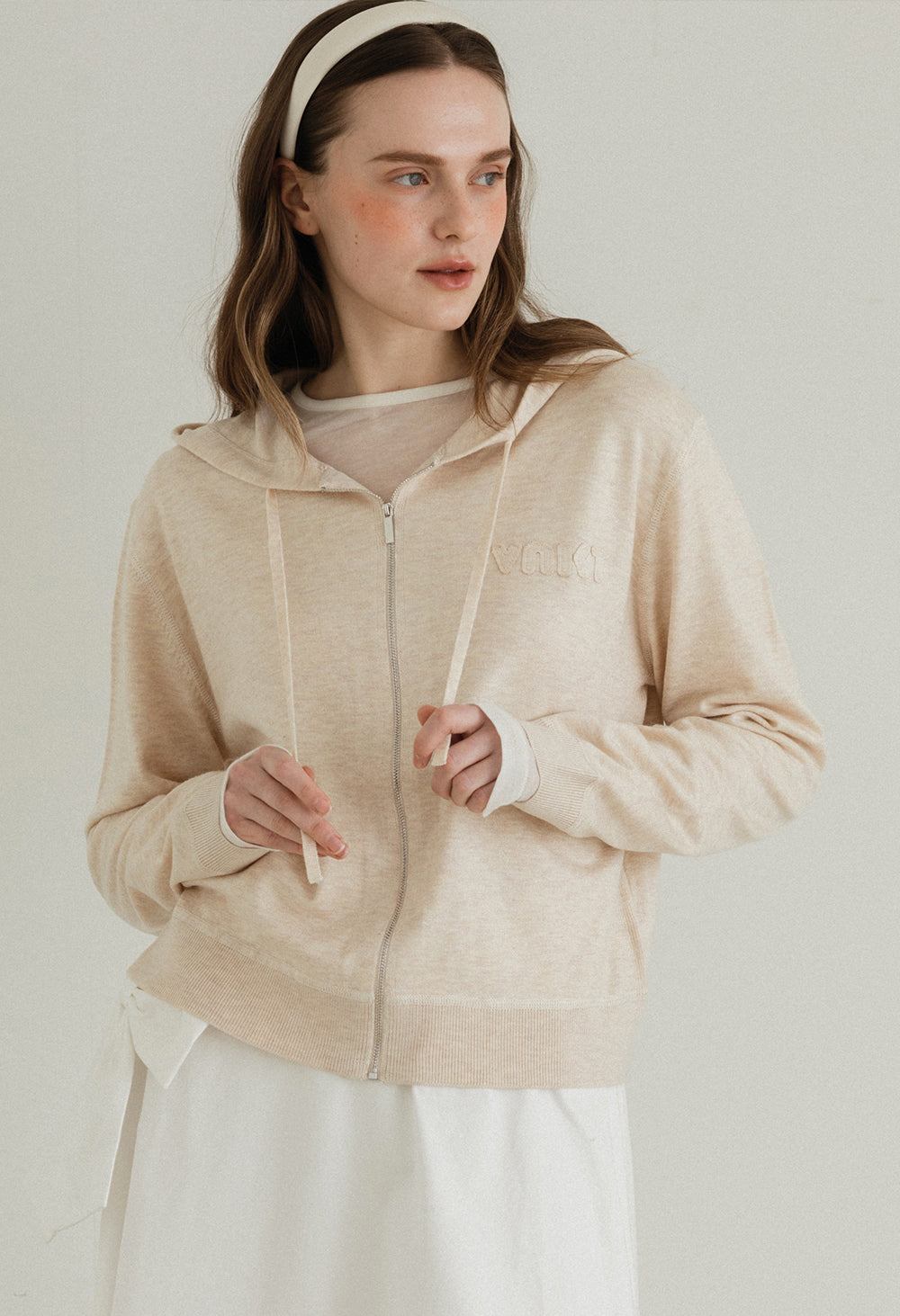 Crush hood zip up knit cardigan