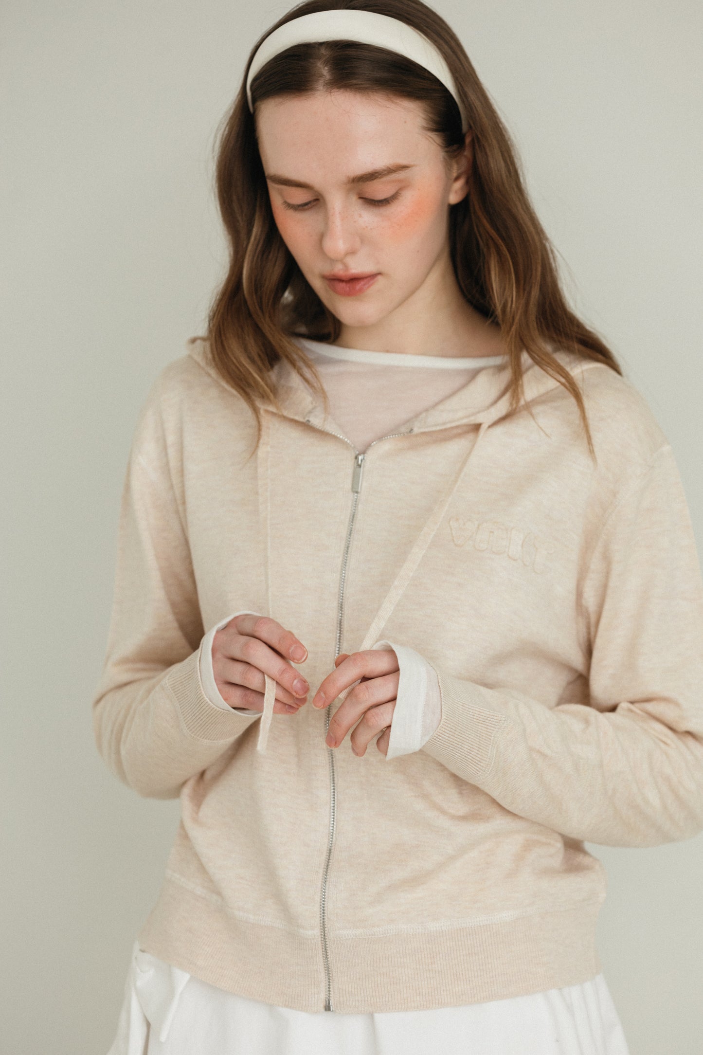 Crush hood zip up knit cardigan