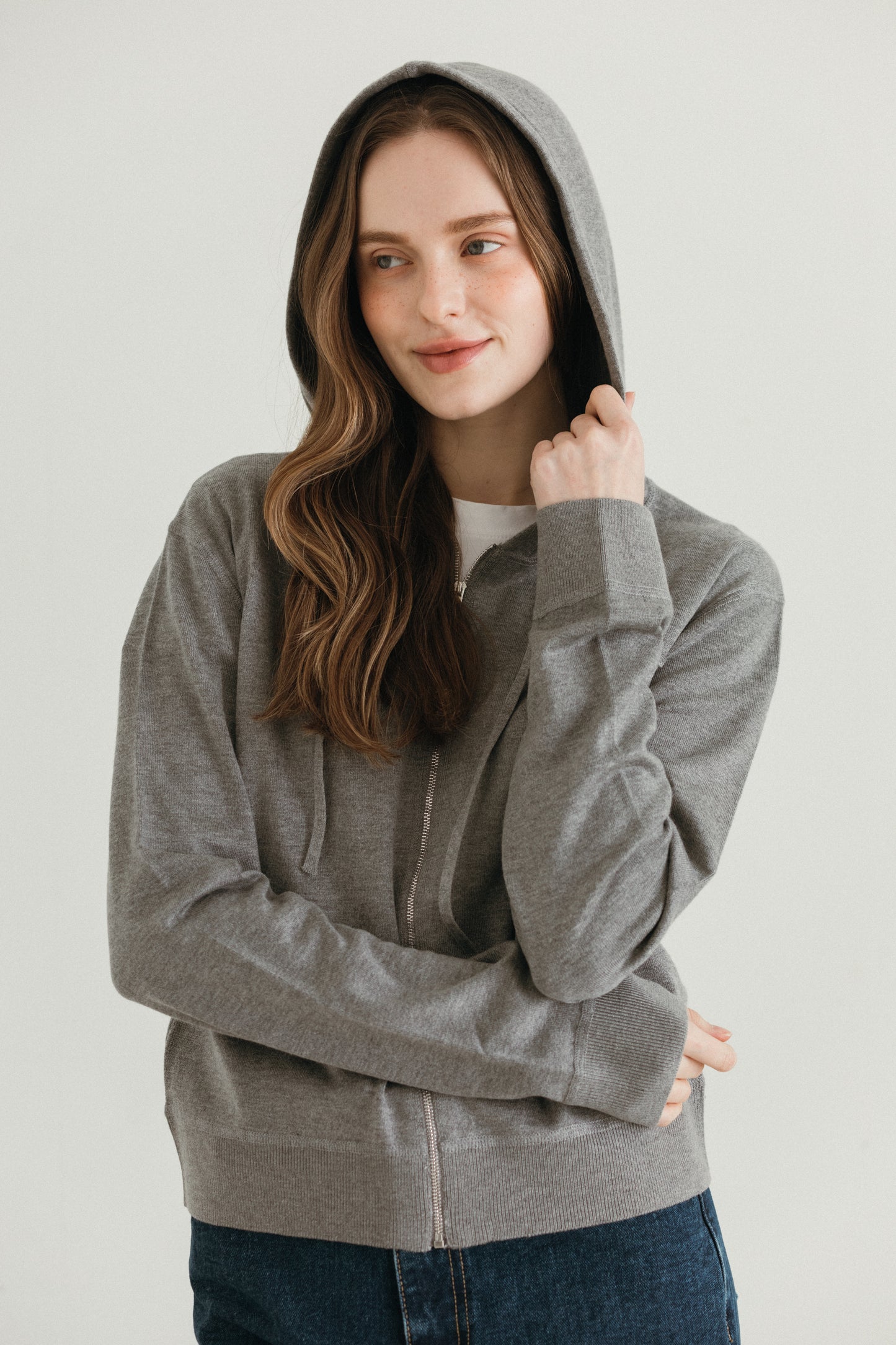Crush hood zip up knit cardigan