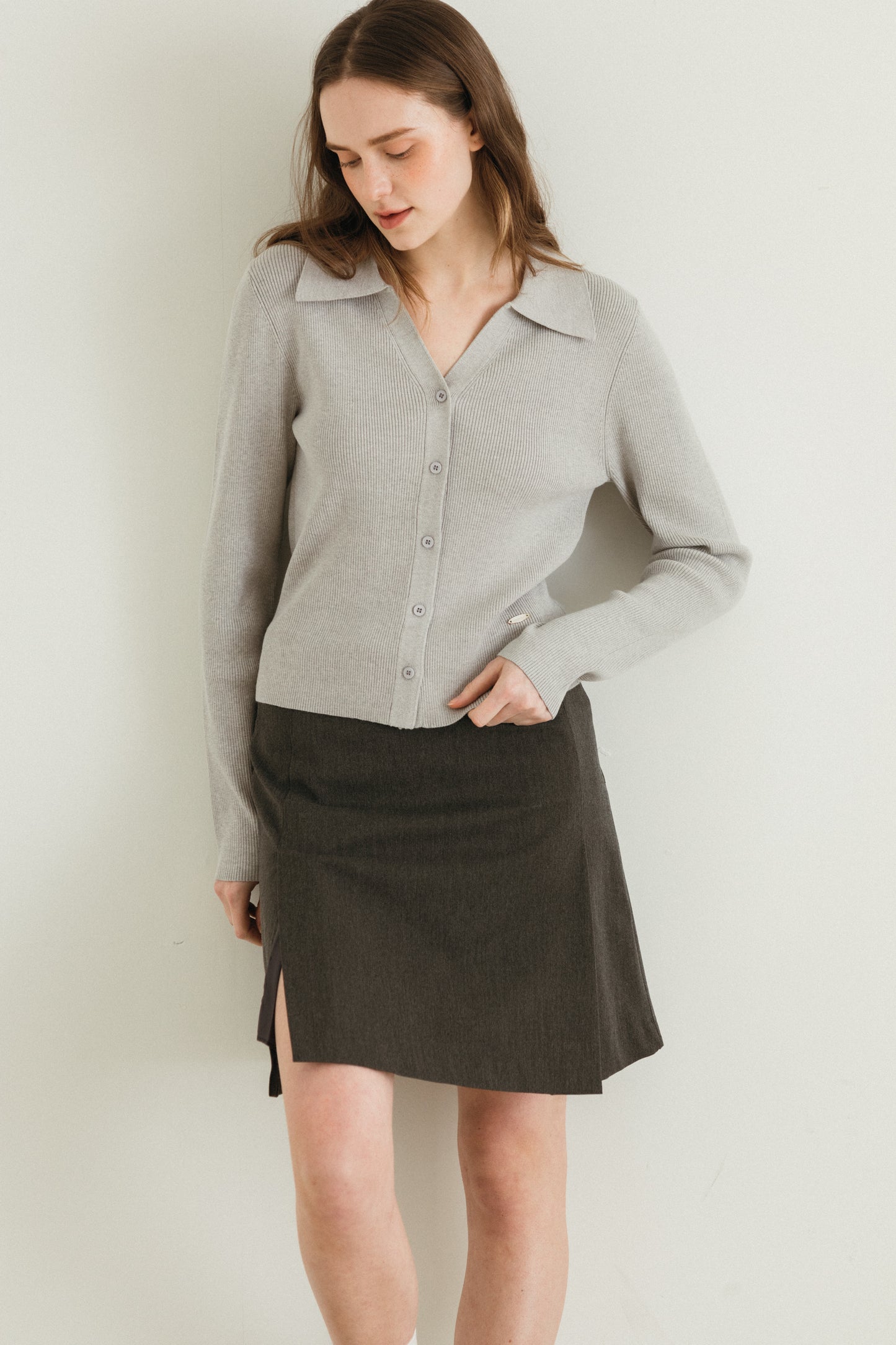 Slim ribbed collar cardigan