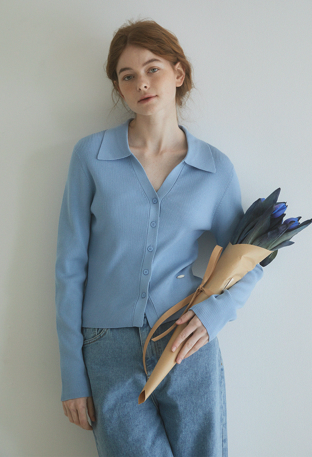 Slim ribbed collar cardigan