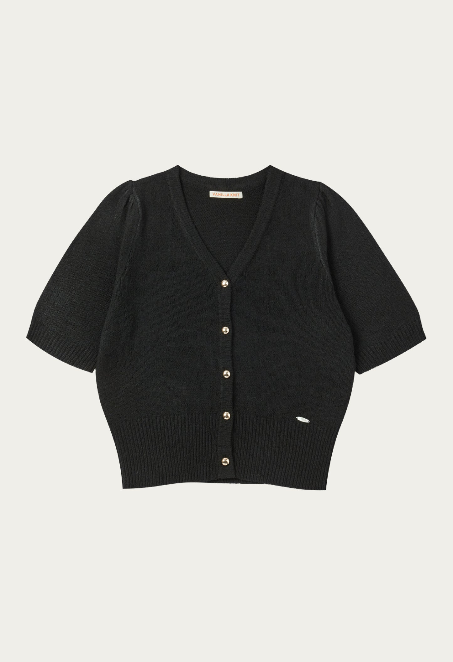 Gold button puff sleeve knit cardigan