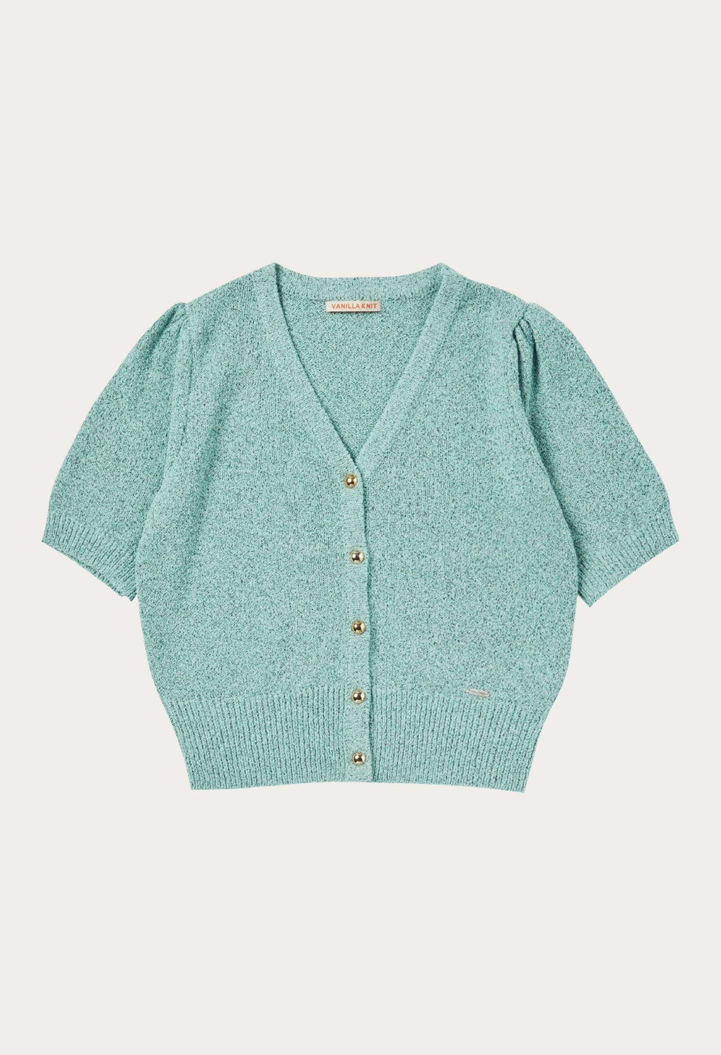 Gold button puff sleeve knit cardigan