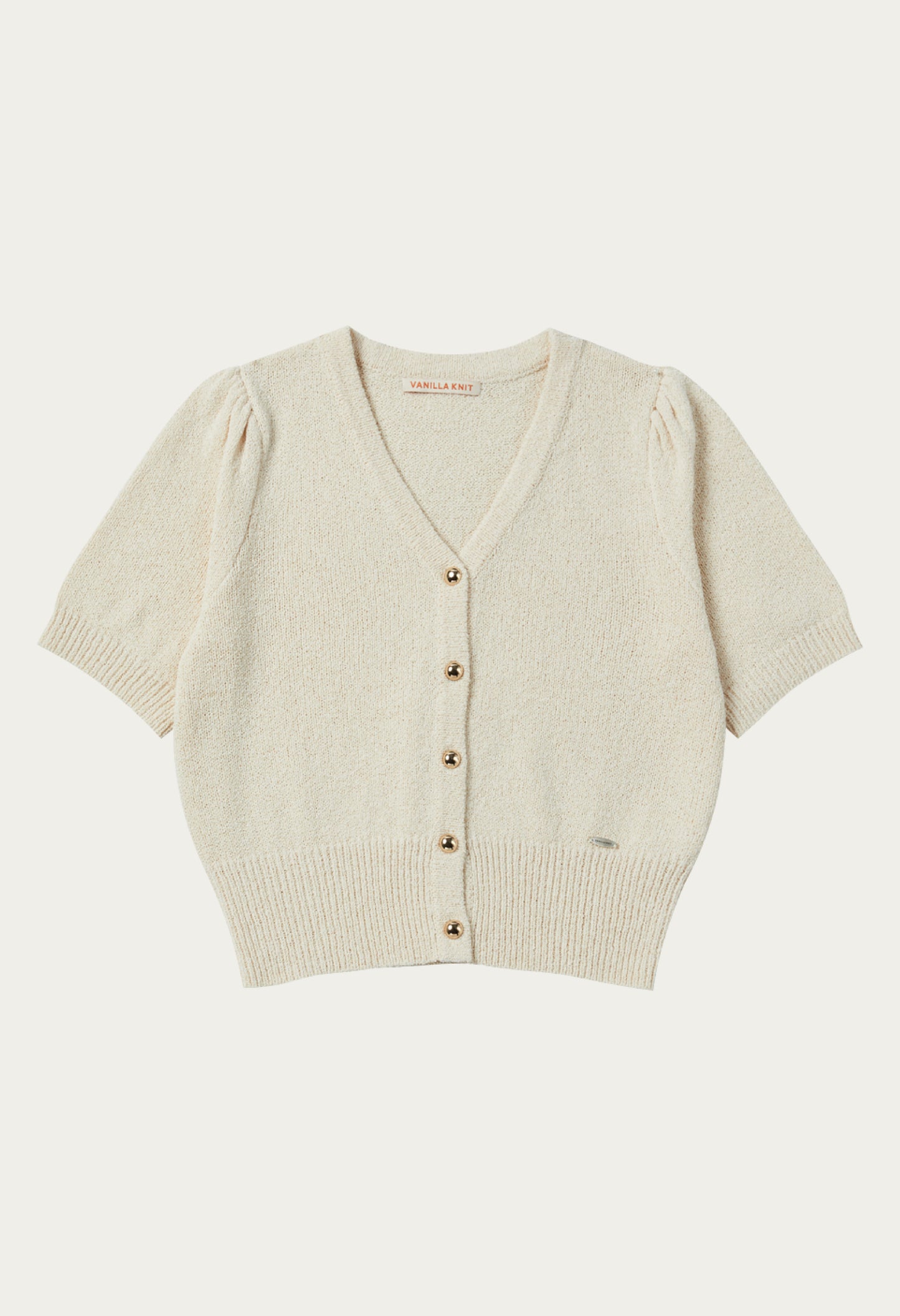 Gold button puff sleeve knit cardigan