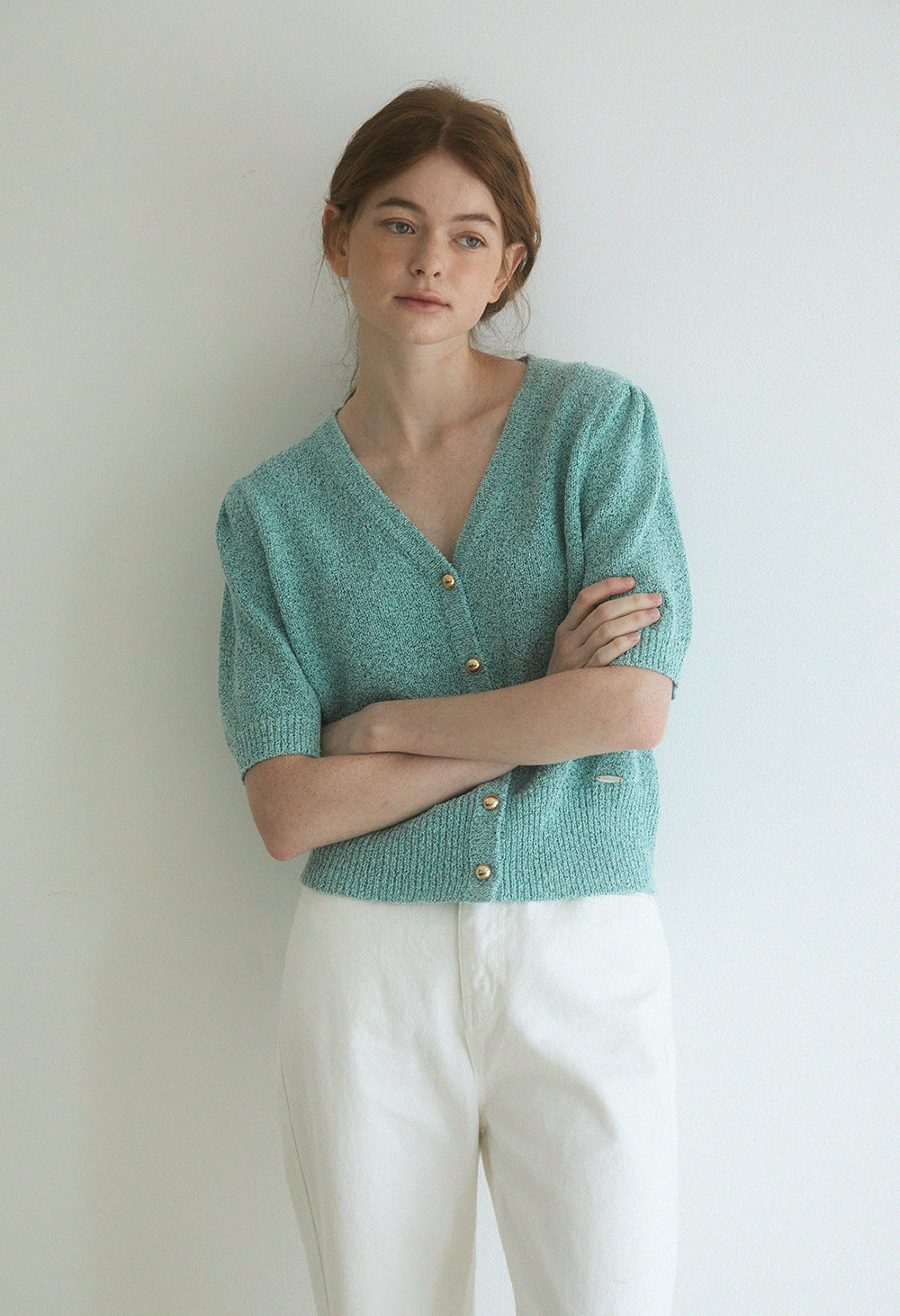 Gold button puff sleeve knit cardigan