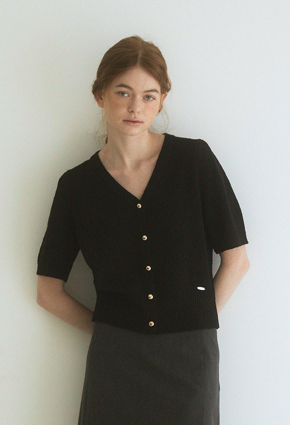 Gold button puff sleeve knit cardigan