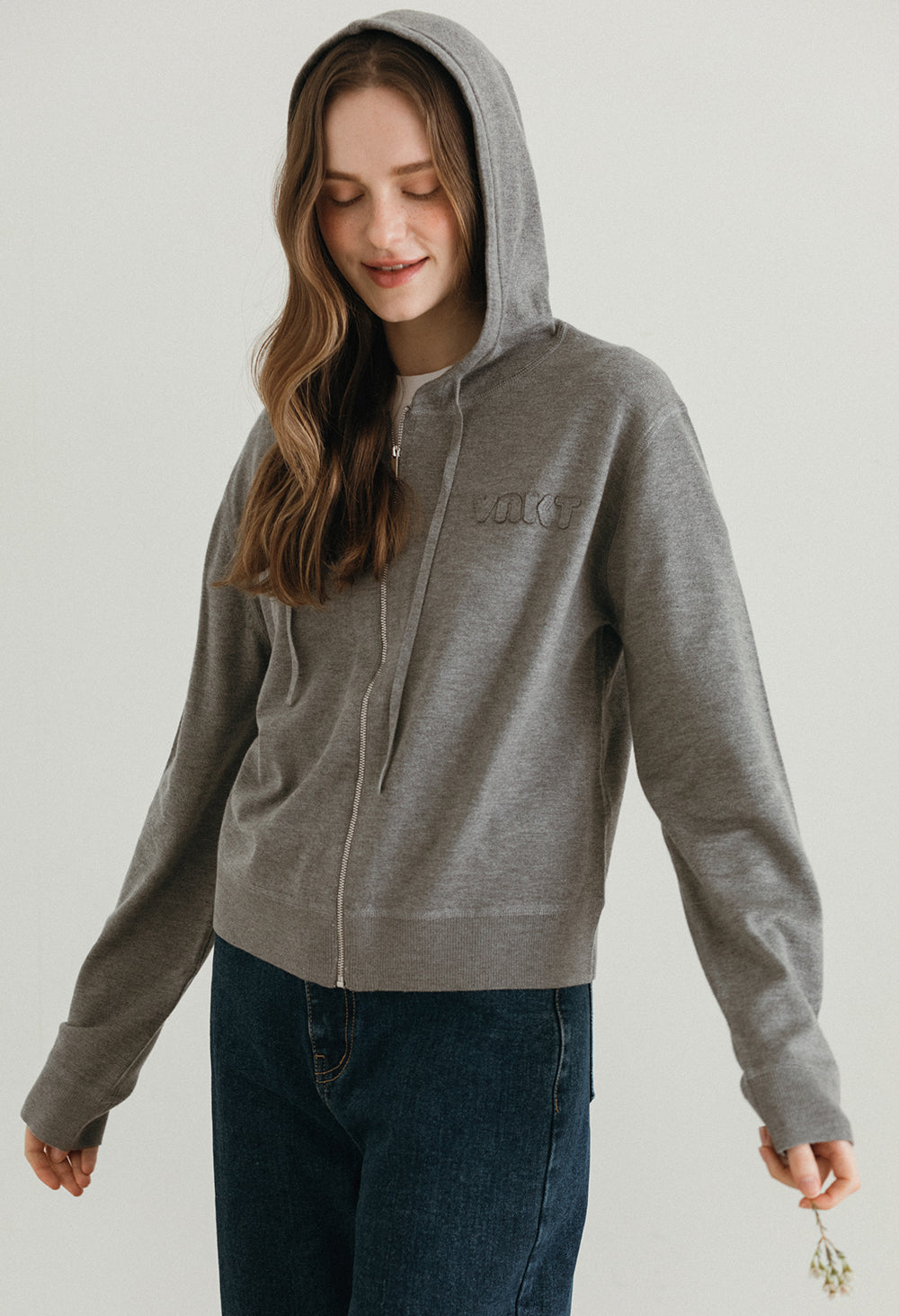 Crush hood zip up knit cardigan