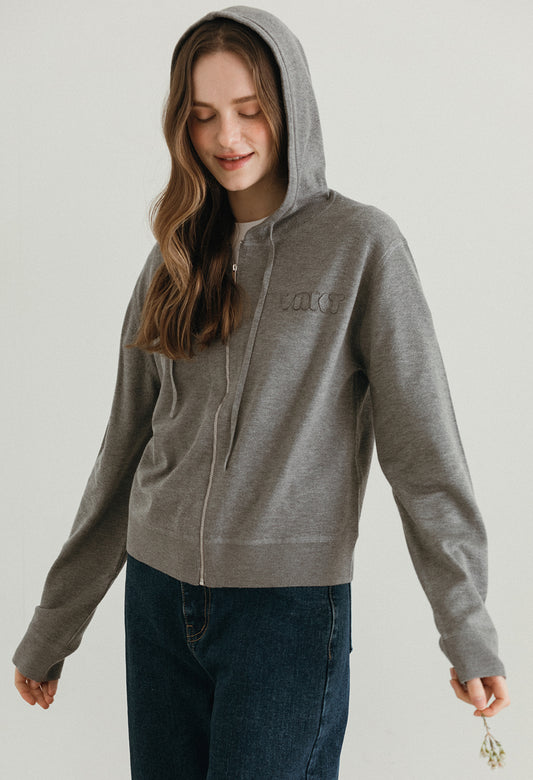 Crush hood zip up knit cardigan