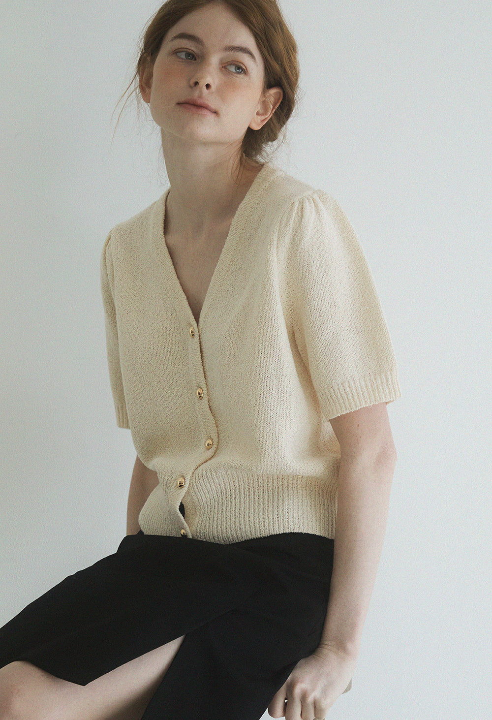 Gold button puff sleeve knit cardigan