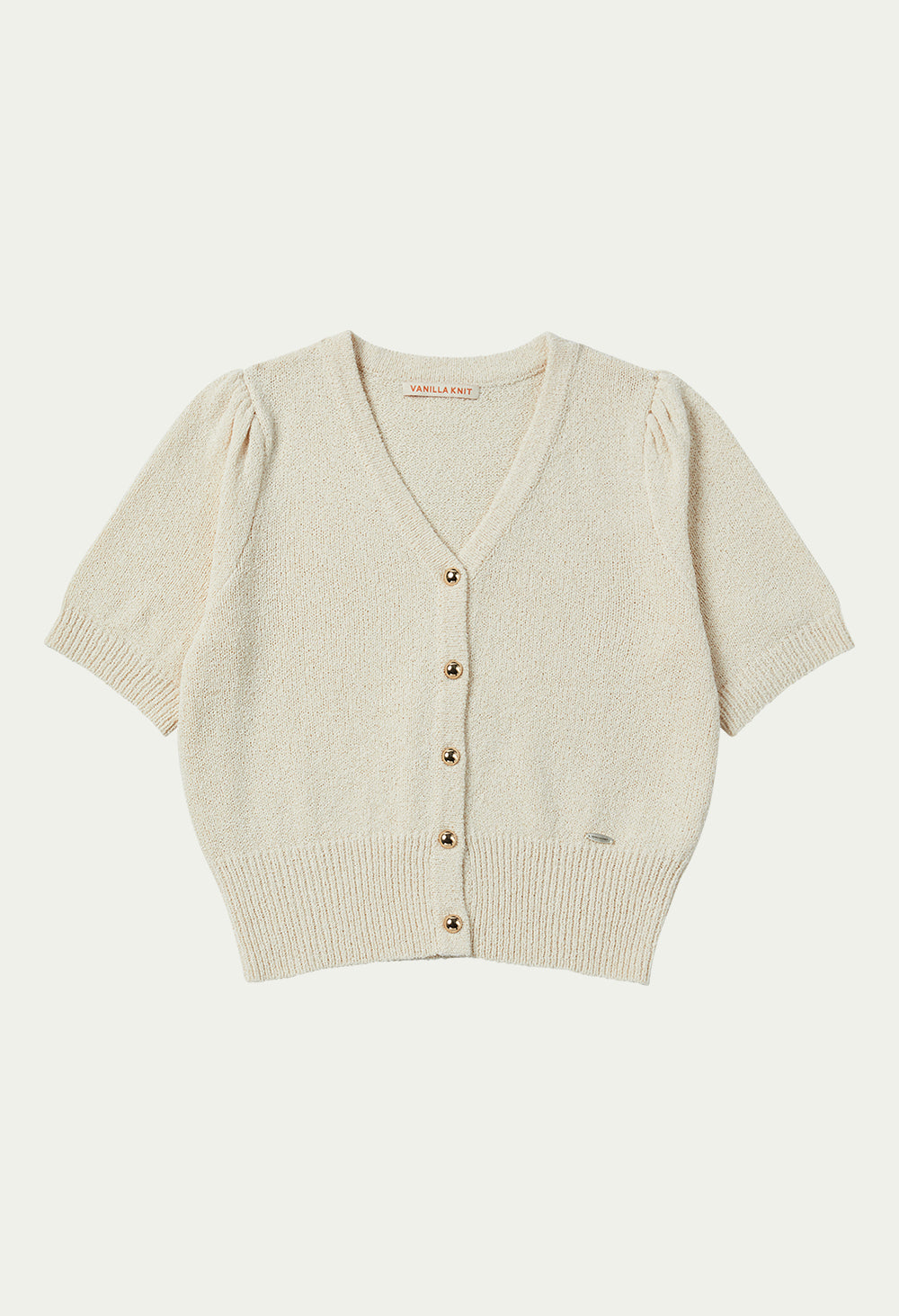 Gold button puff sleeve knit cardigan