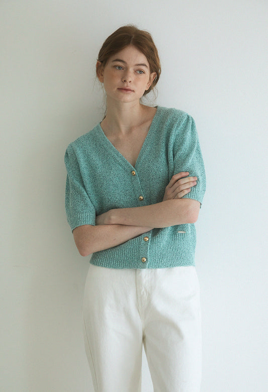 Gold button puff sleeve knit cardigan