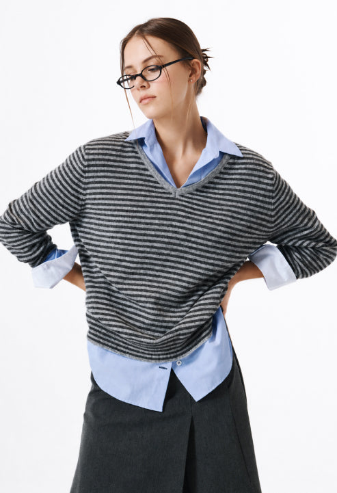Claire V-Neck Stripe Wool Knit
